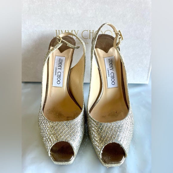 Womens Jimmy Choo Nova Champagne Glitter Peep Toe Slingback Heels 35/6 - Picture 2 of 10